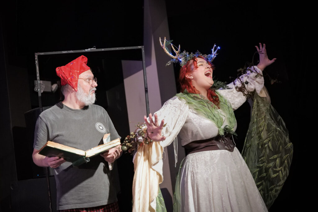 Left: Darrell Meek as Ebeneezer Scrooge
Right: Mia Rackley as The Ghost of Christmas Past